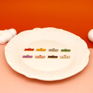 Close-up of colorful 2025 year alloy charms for DIY jewelry making on a white plate.