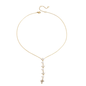 Elegante goldene Edelstahl-Y-Halskette mit weißen CZ-Steinen und Perlen für Damen.