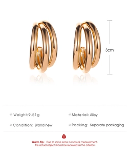 Detail view of 3cm gold alloy triple-hoop geometric earrings with 9.51g weight data