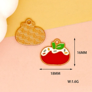 Detail view of red apple enamel charms showing dimensions 18mm x 16mm and weight 1.6g.