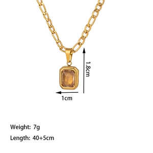 Retro 18K gold plated necklace with a rectangular amber gemstone on Figaro chain