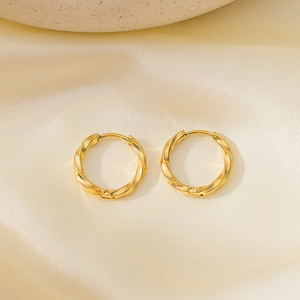 Golden twisted rope texture hoop earrings with convenient clasp closure for women