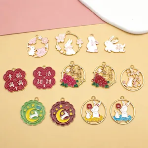 Colgantes de Esmalte de Aleación de Luna y Conejo del Festival del Medio Otoño DIY para Hacer Joyas Amuletos de Corona de Flores de Estilo Chino