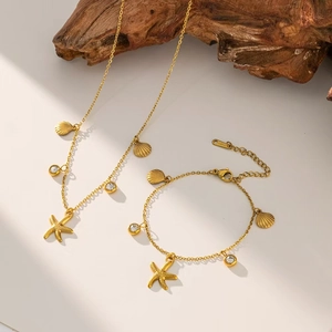 Starfish Shell Pendant Necklace Stainless Steel Zircon Gold Plated Ocean Theme Summer Holiday Fashion Women