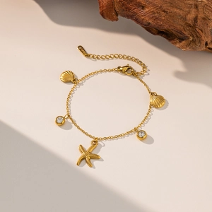 Gold starfish and seashell stainless steel necklace with sparkling zircon charms