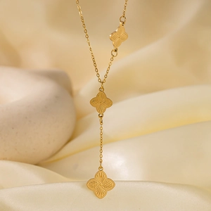 Collier En Y En Acier Au Titane Plaqué Or Pendentifs Trèfle Texture Rayon De Soleil Bijoux Style Minimaliste Femmes
