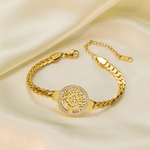 Bracciale Pendente Albero Della Vita Acciaio Inossidabile Placcato Oro Zircone Bianco Catena Regolabile Da Donna