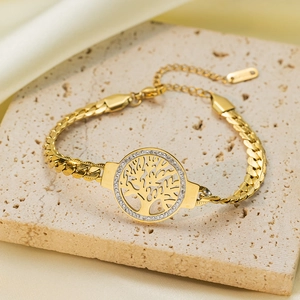 Bracciale albero della vita dorato con zirconi su catena a serpente e maglie regolabili