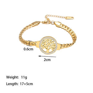 Bracciale albero della vita dorato in acciaio inossidabile con zirconi e catena cubana