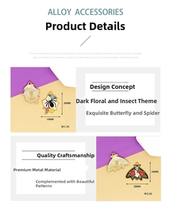 Detalle de colgantes góticos de araña y polilla con diseños florales esmaltados.