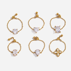 Stainless Steel Adjustable Chain Ring For Women Geometric Heart Rhinestone Inlaid Gold Silver Plated Luxury Finger Jewelry