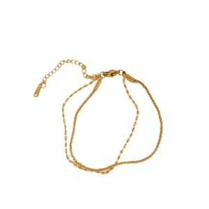 Double-layer gold stainless steel chain bracelet with bead and twisted rope design
