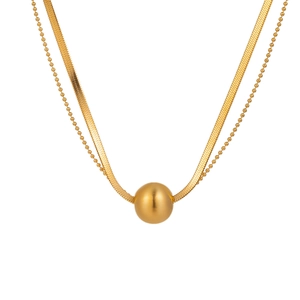 Double-layered gold stainless steel necklace with a polished sphere pendant on snake chain
