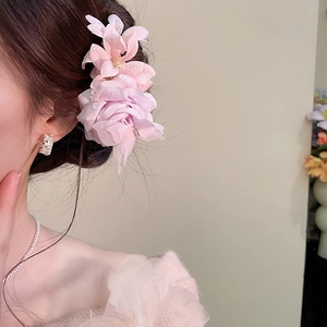 Detailed view of pink mesh fabric flower hair clip with delicate bead accents