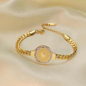 Vintage gold stainless steel necklace with crystal-inlaid coin portrait pendant