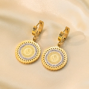 Vintage gold coin pendant earrings with embossed portrait and sparkling crystal halo