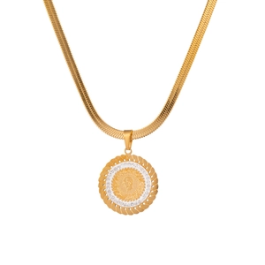 Vintage portrait coin pendant necklace with diamonds on gold herringbone chain