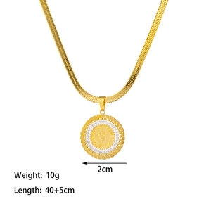 Golden snake chain necklace featuring a 2cm coin pendant with embossed portrait detail