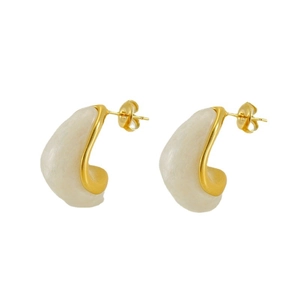Minimalist gold-plated teardrop earrings with off-white stone texture on white background