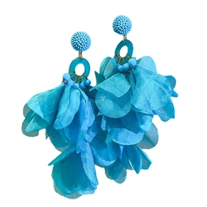 Vibrant blue cluster flower petal earrings with beaded tops and silver pins for women.