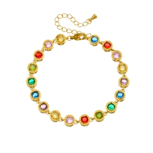 Franse retro gouden armband met veelkleurige ronde zirkonia stenen en verstelbare ketting