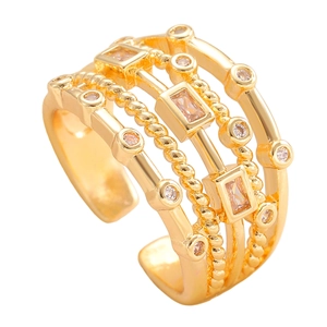 Exquisite detail of a multi-layer gold-plated geometric ring with sparkling zircon inlay