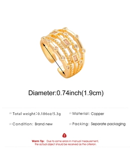 Detail view of multi-layered gold geometric ring with zircon inlays and measurements