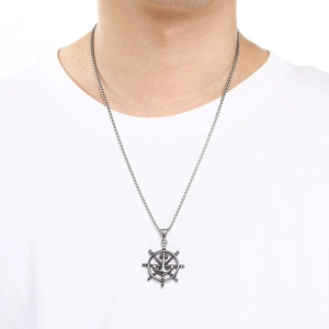 Vintage nautical ship wheel and anchor pendant necklace for men in titanium steel