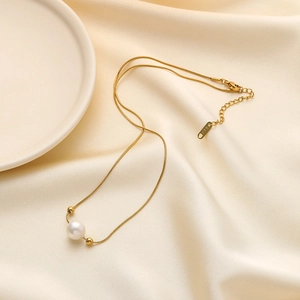 Elegant Artificial Pearl Pendant Necklace 18K Gold Plated Titanium Steel Snake Chain Minimalist Jewelry For Women