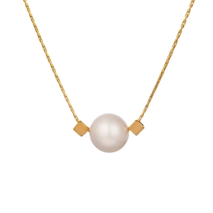 Minimalist gold snake chain necklace with a white pearl and two golden cube charms