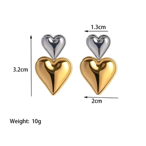 Two-tone gold and silver heart drop earrings with weight and size measurements