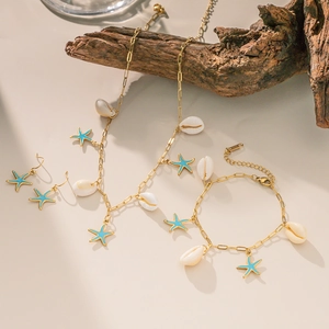 Étoile De Mer Coquillage Collier Bracelet Boucles D'oreilles Bracelet De Cheville Acier Inoxydable Plaqué Or Émail Bleu Bijoux