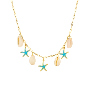 Collier chaîne trombone dorée avec coquillages naturels et pendentifs étoiles de mer bleues