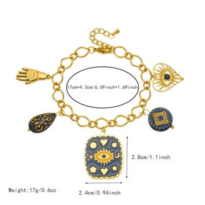 Golden chunky chain bracelet set with evil eye and heart charms in exotic blue enamel
