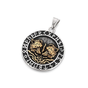 Vintage Viking mythology double wolf rune pendant, circular titanium steel jewelry for men