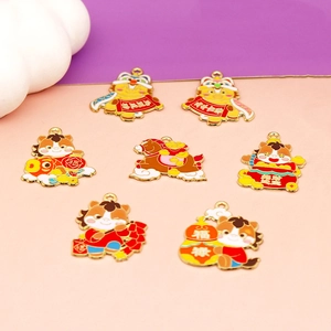 Detailed view of colorful enamel zodiac horse charms with festive Chinese blessings
