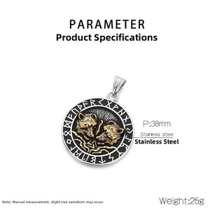 Macro view of Viking double wolf pendant highlighting stainless steel finish and 38mm size