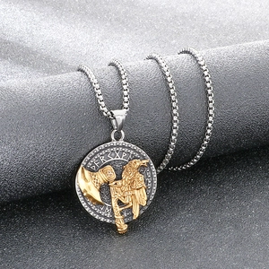 Exquisite detail of a vintage Nordic Viking axe and raven totem pendant for men