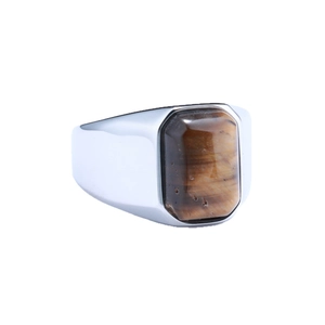 Polished stainless steel men's ring featuring a rectangular tiger eye stone on white background