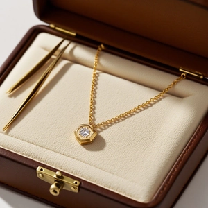 Collier en titane plaqué or 18K avec pendentif diamant hexagonal et boîte cadeau en cuir