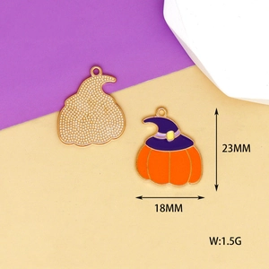 Close-up view of enamel Halloween pumpkin charm with purple witch hat and measurements
