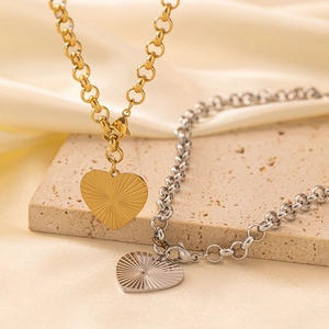 Heart Pendant Necklace Titanium Stainless Steel Ray Sunburst Texture Thick Rolo Chain Punk Minimalist Jewelry For Women