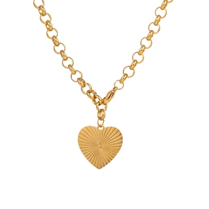 Gold heart pendant necklace with radial texture and thick round link chain