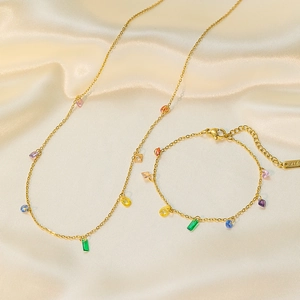 Collier Et Bracelet Et Bracelet De Cheville Cristal Arc-En-Ciel Plaqué Or 18K Acier Titane Bijoux Géométriques Femmes