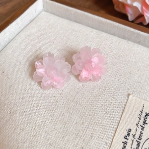 Detailed close-up view of elegant pink flower stud earrings with crystal-like resin petals