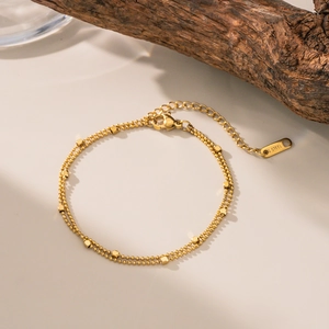 Bracelet Double Couche Perles Rondes Acier Inoxydable Plaqué Or 18K Minimaliste Charme Cube Bijoux Géométriques Pour Femmes