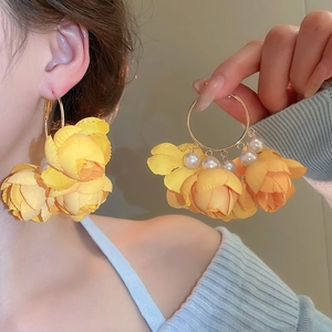 Large yellow fabric flower hoop earrings with elegant pearl accents for beach holidays