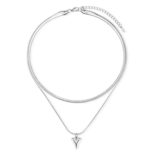 Minimalist double-layered silver stainless steel snake chain necklace with heart pendant