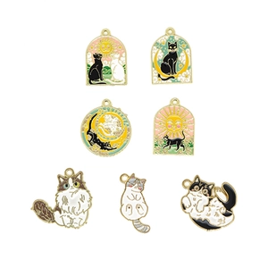 Set of 7 cute enamel cat charms and celestial sun moon pendants for DIY jewelry making