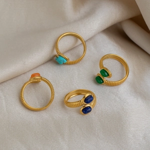 French vintage 18K gold-plated ribbed open rings with assorted colorful gemstones